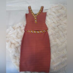 Authentic Herve Leger Peach Knit Dress with Colorful Embellishments- couture